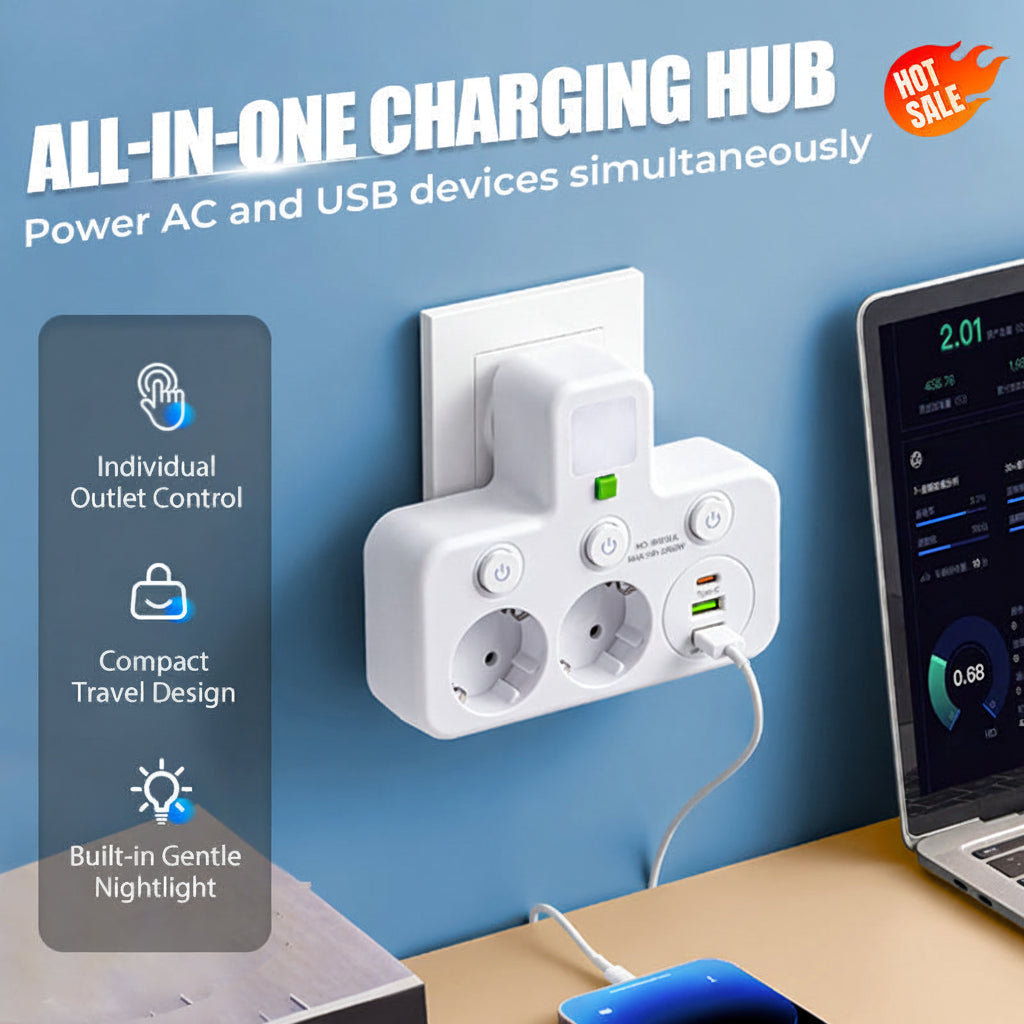 Multi-Outlet Charger with USB Ports and Soft Glow Light