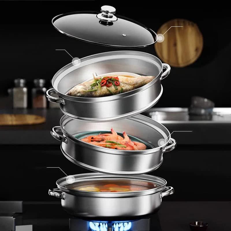 TriSteam Pro 3-Tier Stainless Steel Cooking Steamer with Glass Lid