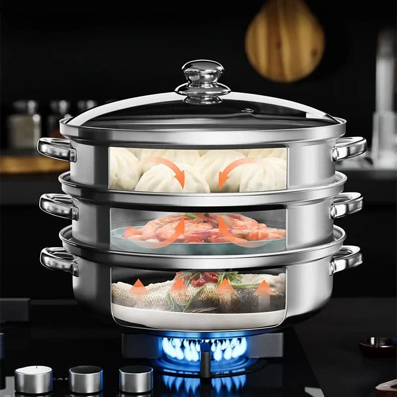 TriSteam Pro 3-Tier Stainless Steel Cooking Steamer with Glass Lid