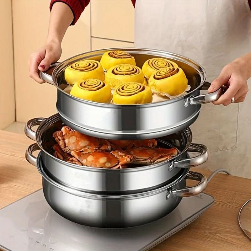 TriSteam Pro 3-Tier Stainless Steel Cooking Steamer with Glass Lid