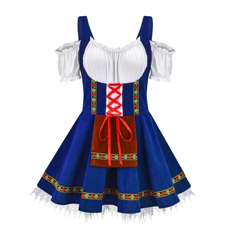 Women's Oktoberfest Dirndl Dress with Puff Sleeves and Lace-Up Corset