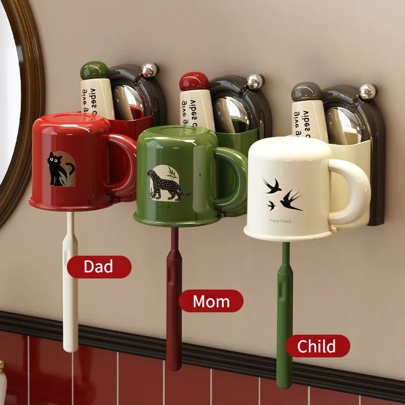 Wall-Mounted Toothbrush Organizer with Cup – No Drilling Required