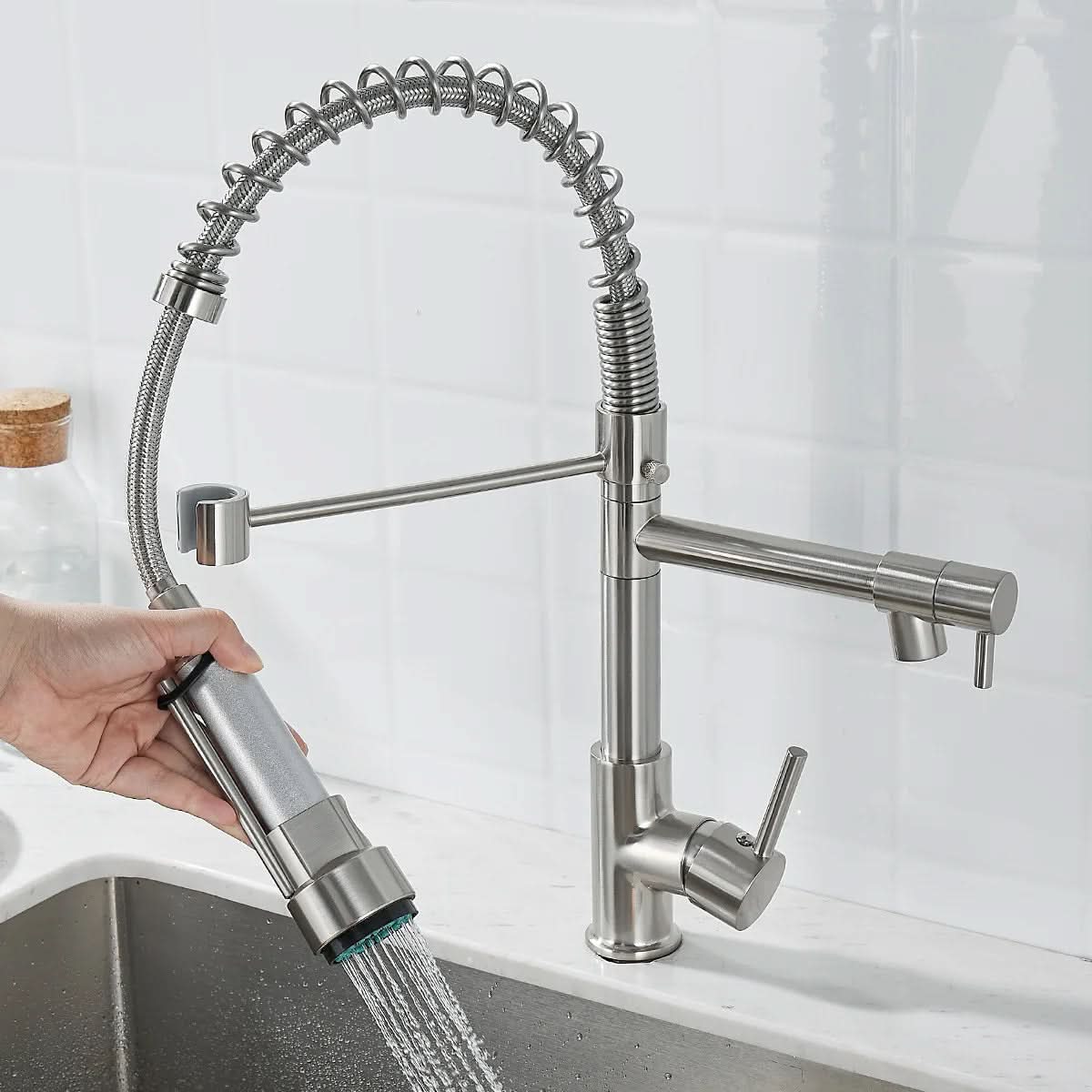Elegant Duo Spout Kitchen Faucet with Luxe Black and Gold Design