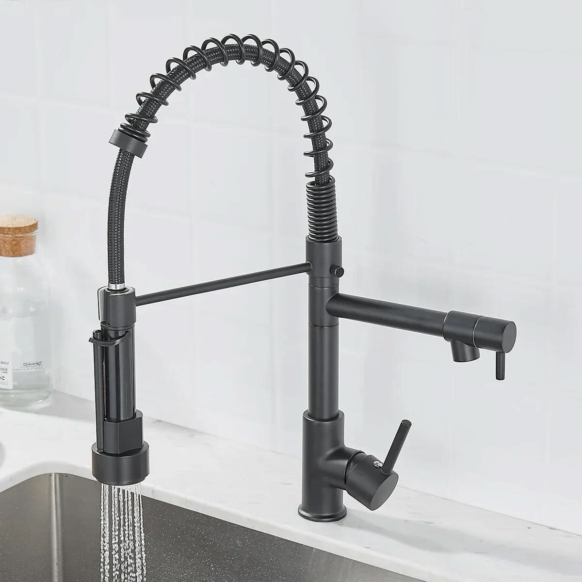 Elegant Duo Spout Kitchen Faucet with Luxe Black and Gold Design