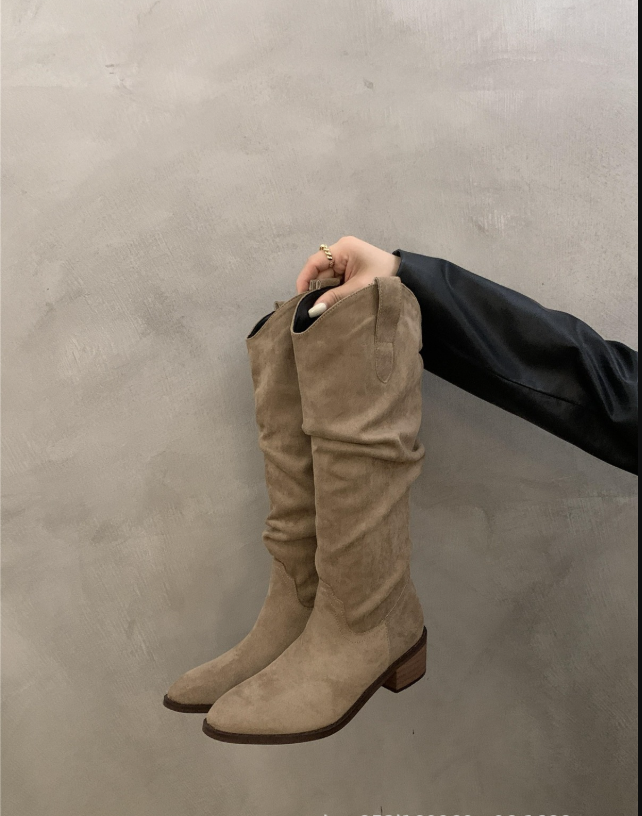 Women’s Knee-High Boots | Vintage Suede with Ruffle Details | Block Heel & Almond Toe | Comfortable Fit