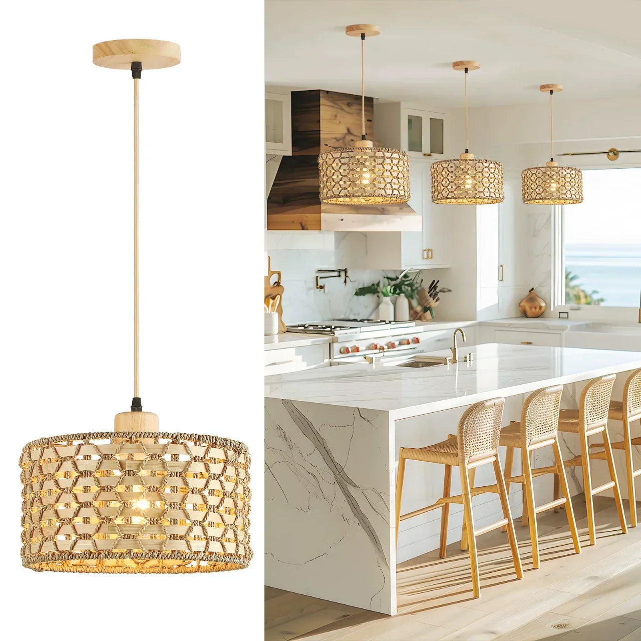 Elara — Handwoven Natural Rattan Pendant Light with Warm Glow