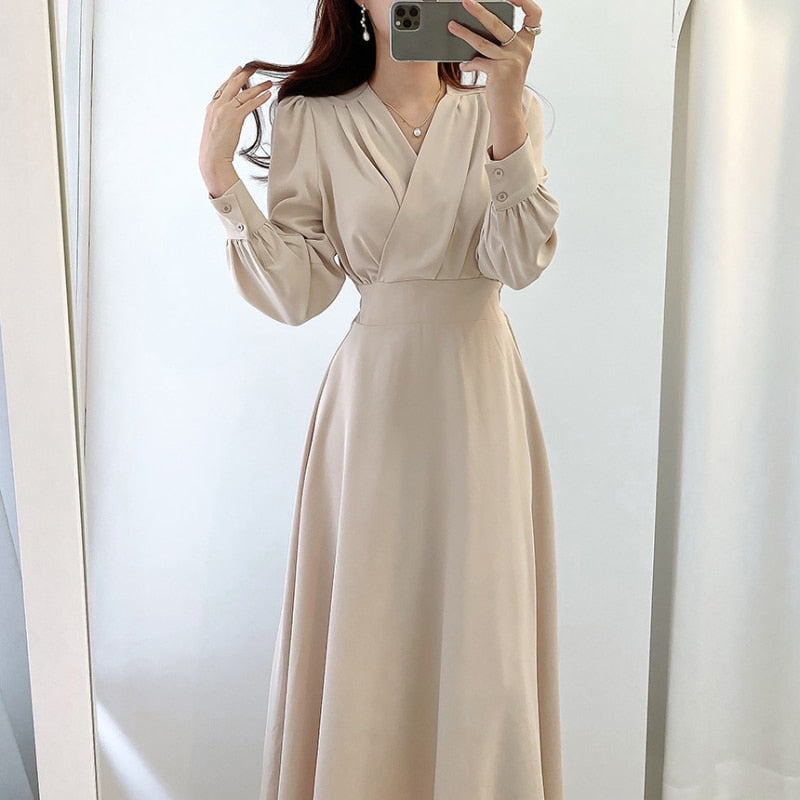 Women’s V-Neck Long-Sleeve Dress | Polyester Stretch Fabric | Midi to Maxi Length | Comfortable Fit