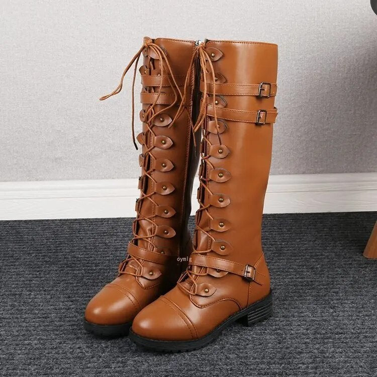 Knee-High Lace-Up Boots | Steampunk Retro Buckle Design | Non-Slip Rubber Sole | Warm and Comfortable Fit