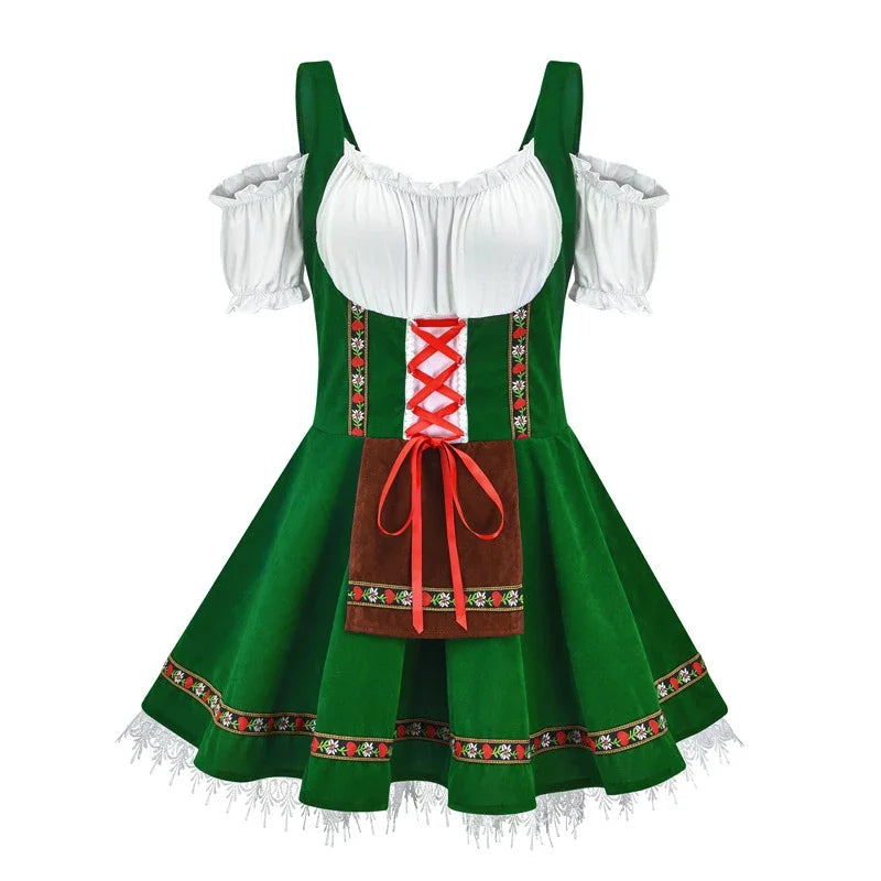 Women's Oktoberfest Dirndl Dress with Puff Sleeves and Lace-Up Corset