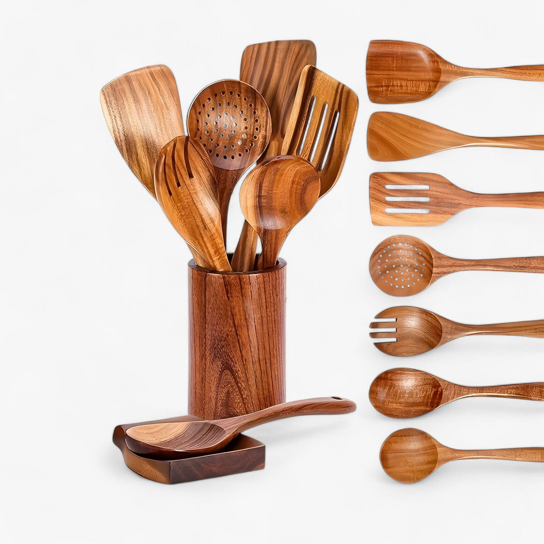 9-Piece Kitchen Utensil Set in Teak with Holder and Spoon Rest