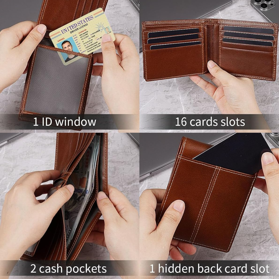 Leather Bifold Wallet for Men with 16 Card Slots – RFID Blocking, Durable
