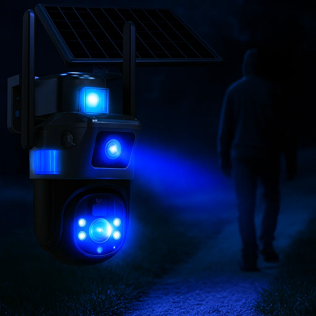 360° View Solar Security Camera with Dual Lens and 10x Zoom, IP66, 12000mAh, Two-Way Audio