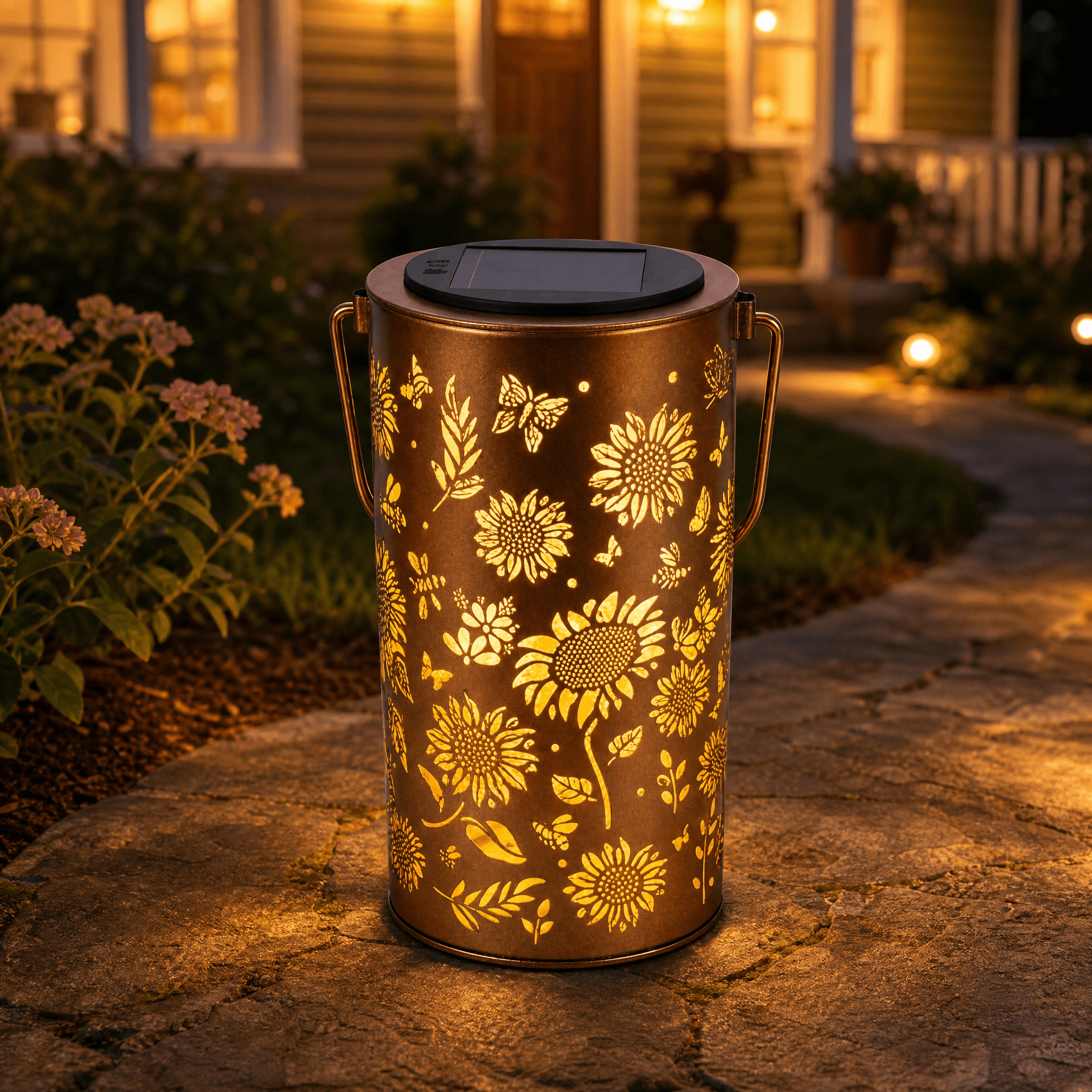 Outdoor Solar Lantern with Colorful Light Patterns - Handcrafted Metal Design for Beautiful Garden Atmosphere
