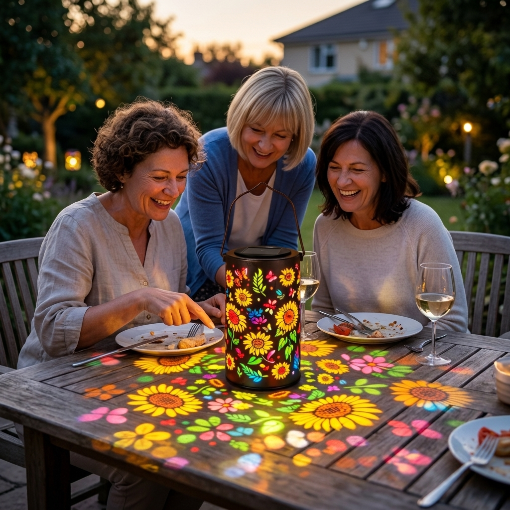 Outdoor Solar Lantern with Colorful Light Patterns - Handcrafted Metal Design for Beautiful Garden Atmosphere