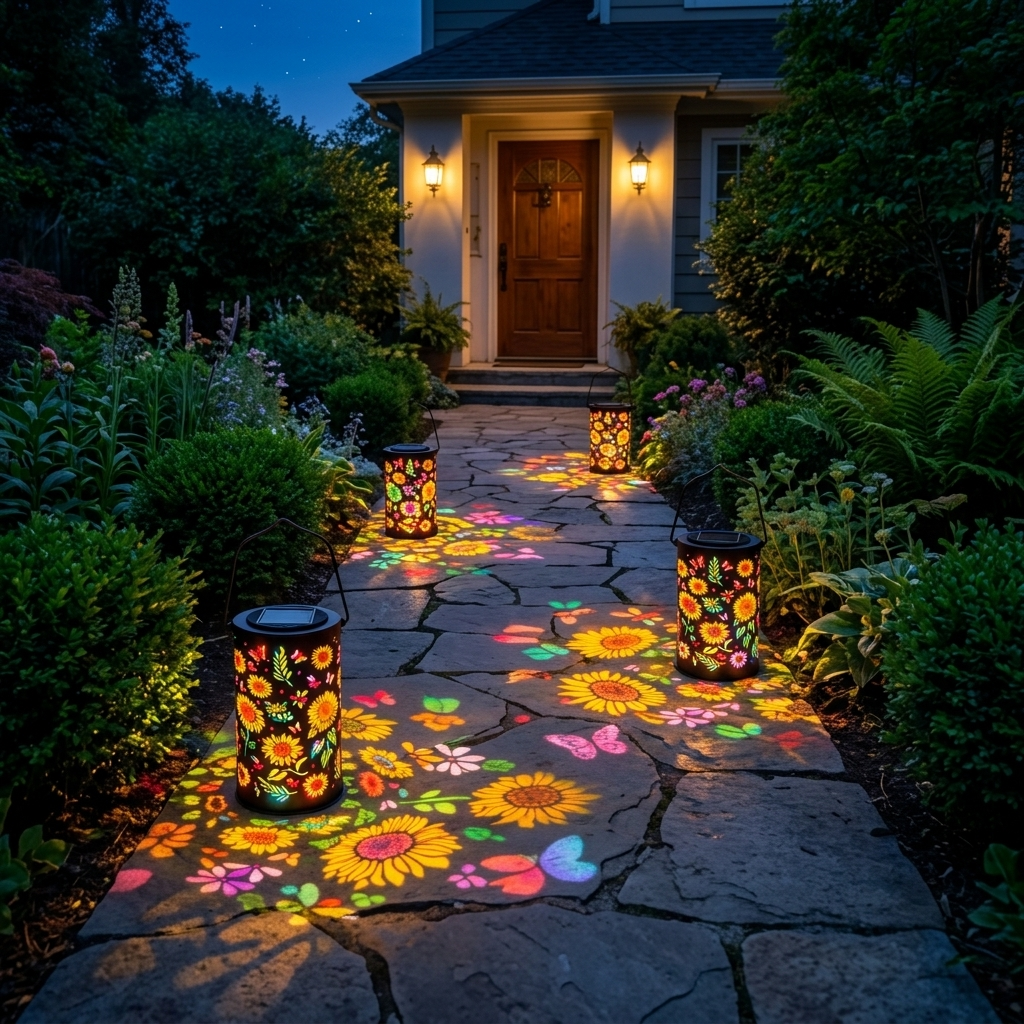 Outdoor Solar Lantern with Colorful Light Patterns - Handcrafted Metal Design for Beautiful Garden Atmosphere