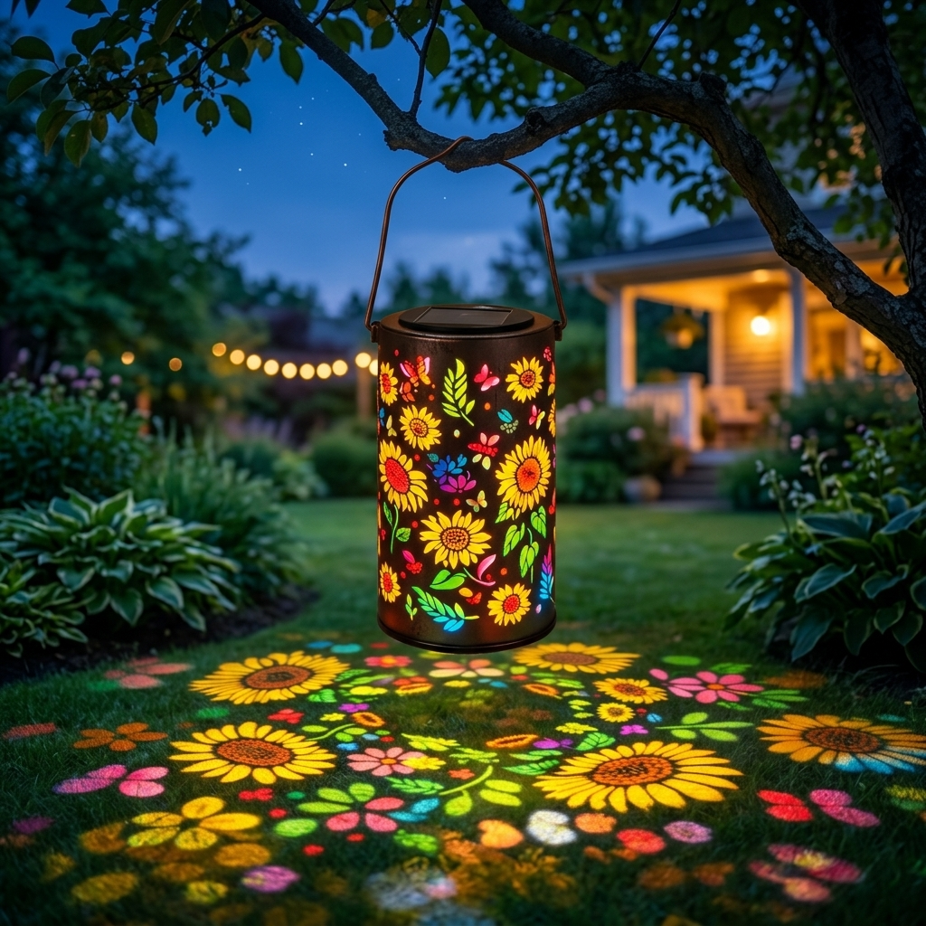 Outdoor Solar Lantern with Colorful Light Patterns - Handcrafted Metal Design for Beautiful Garden Atmosphere