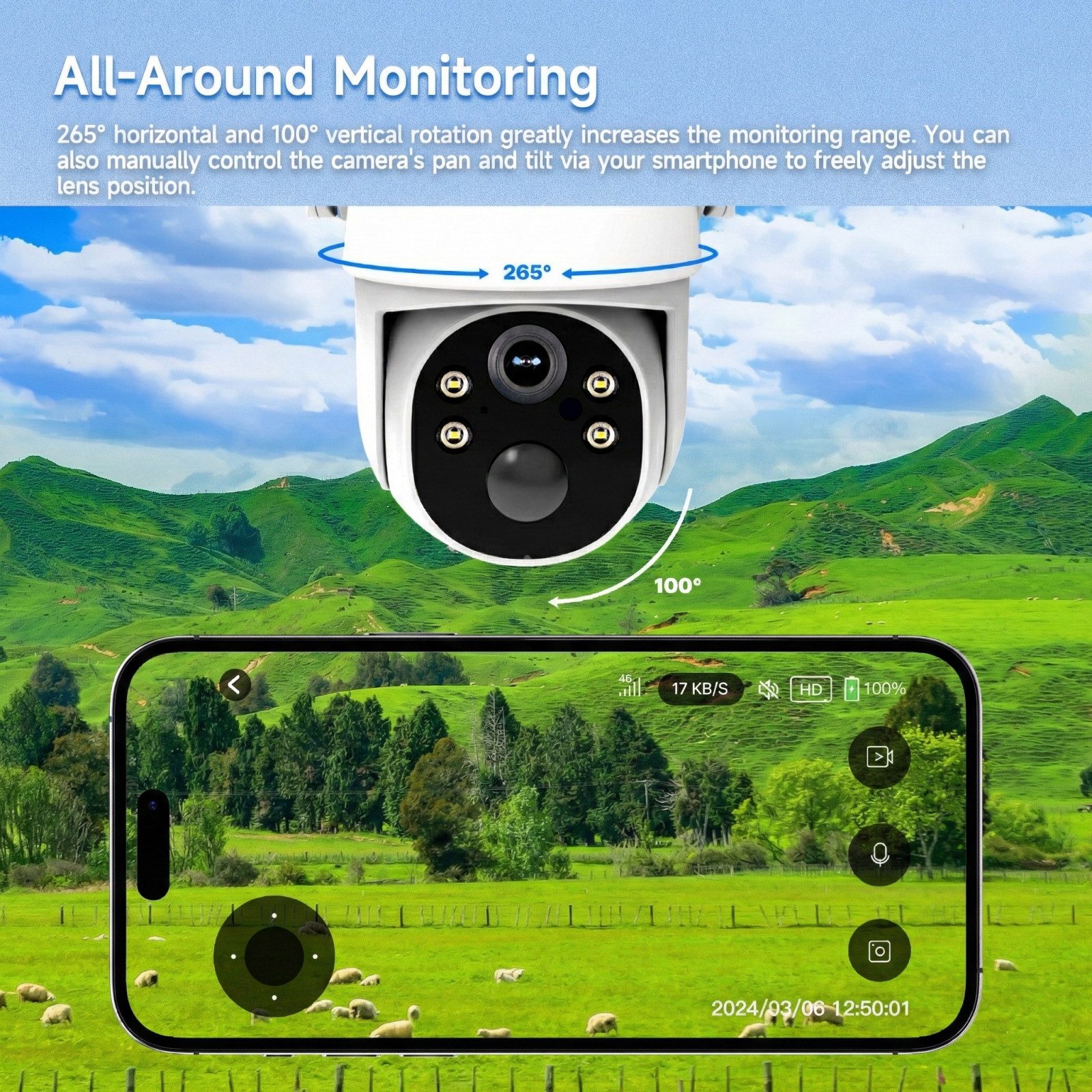 Solar Security Camera with 4G LTE – 2K HD, AI Motion Detection, IP65, 360° Pan, Two-Way Audio