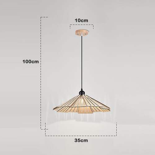 Retro straw hat wooden hanging lamps above dining table in cozy kitchen setting.