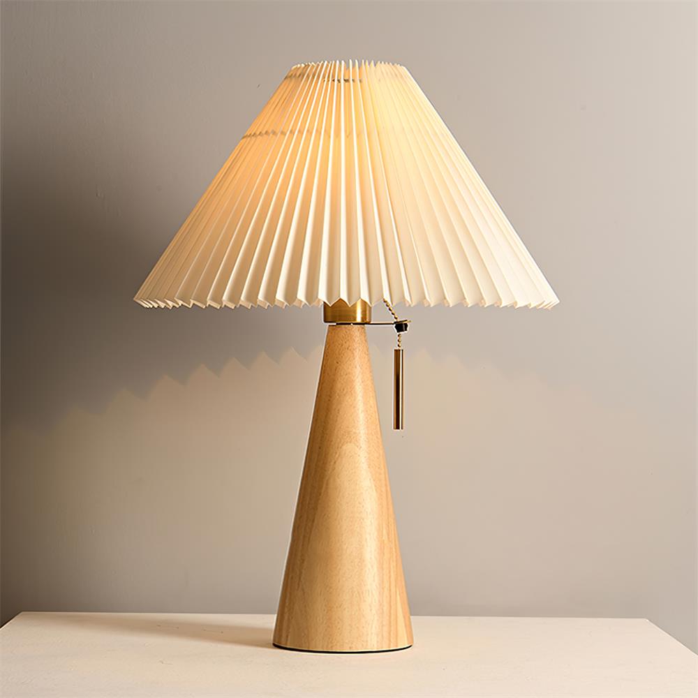 Wooden Base Table Lamp with Pleated Shade