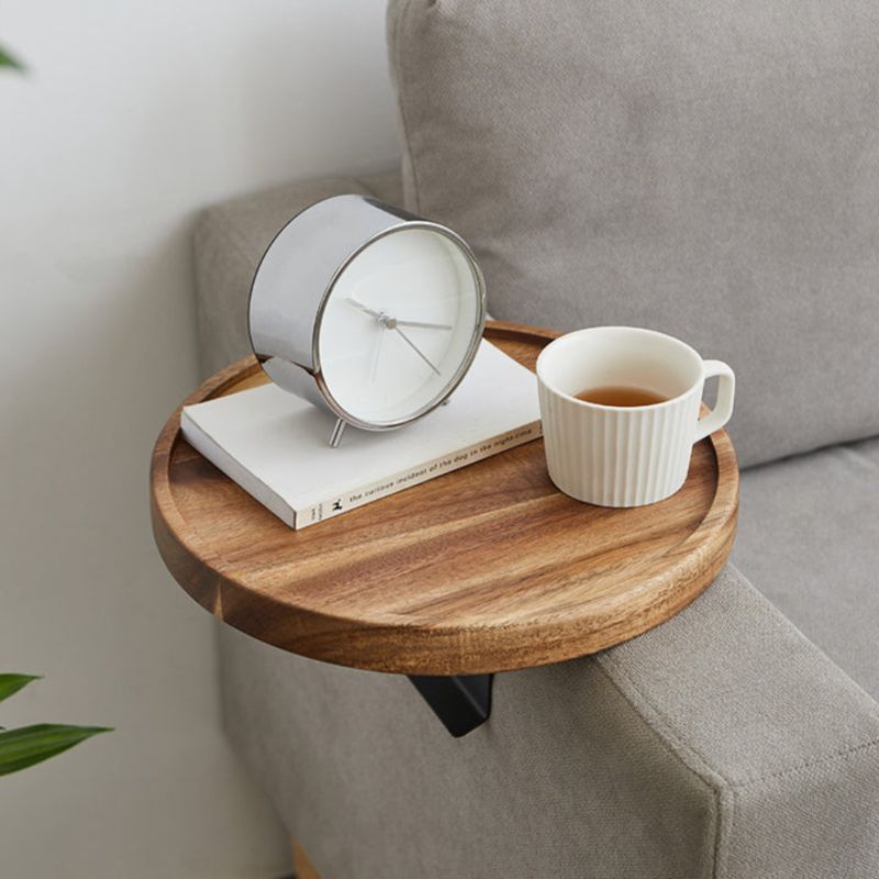 Elegant Walnut-Finished Clip-On Tray Table for Sofa with Wooden Design