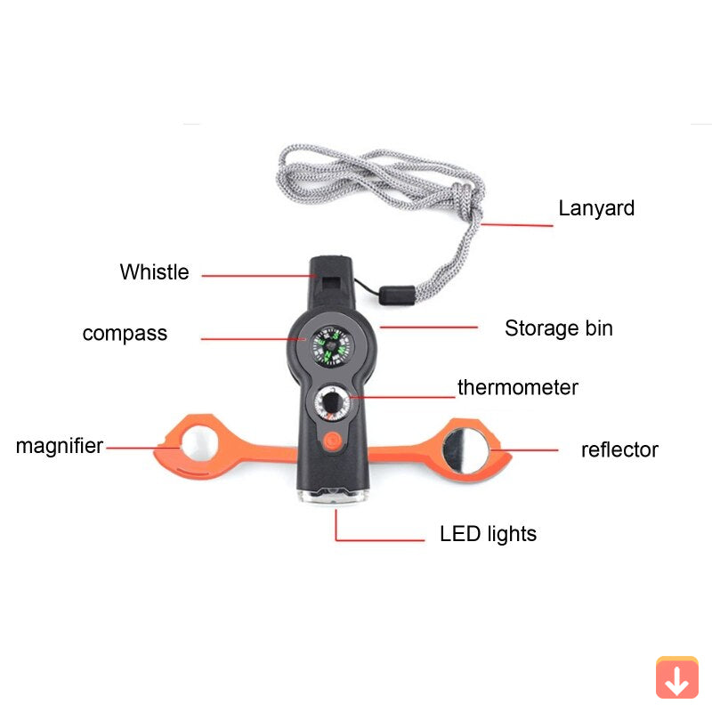 7-in-1 Multi Tool Whistle with LED Light for Hiking and Outdoor Use