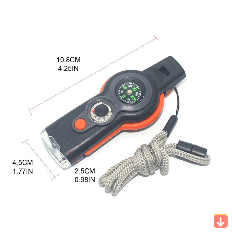 7-in-1 Multi Tool Whistle with LED Light for Hiking and Outdoor Use