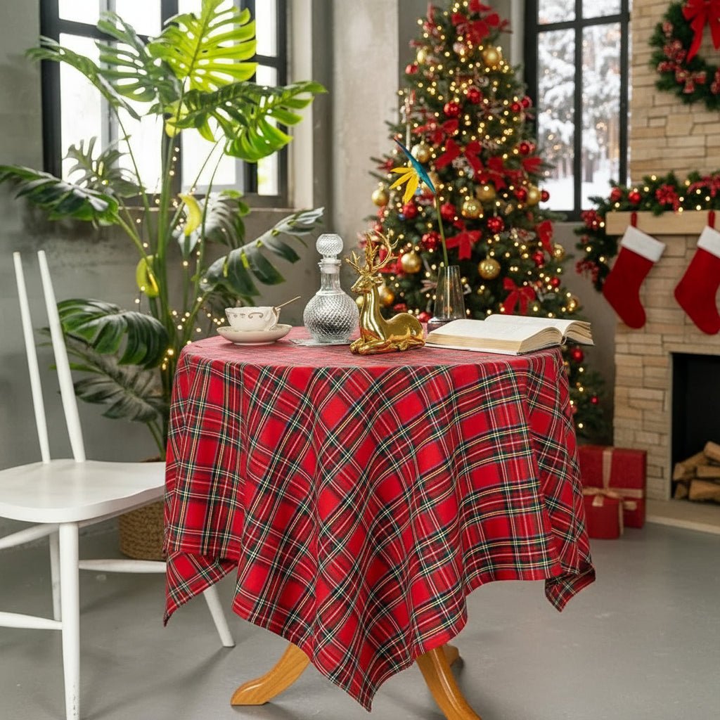 Charming Holiday Plaid Table Cover in Sturdy Polyester for Festive Gatherings