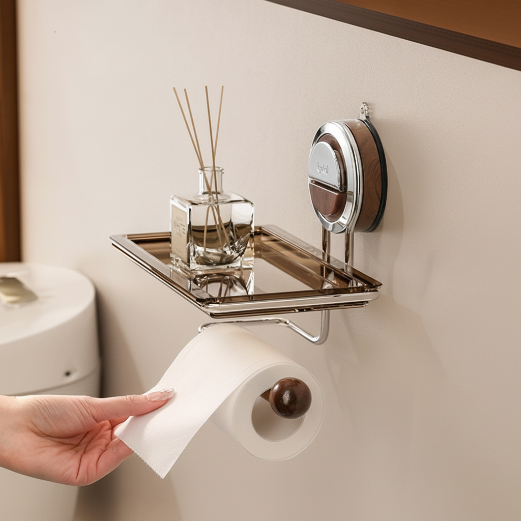 Wall-Mounted Toilet Paper Holder with Adhesive Installation