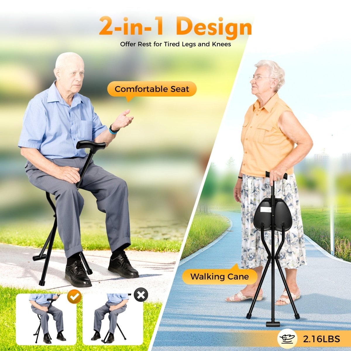 ComfortMate Portable Walking Stick with Built-in Seat