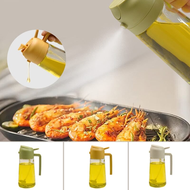 2-in-1 Oil Sprayer & Dispenser | Wide-Mouth Pump & Pour Spout | Glass Bottle | 470ml Capacity
