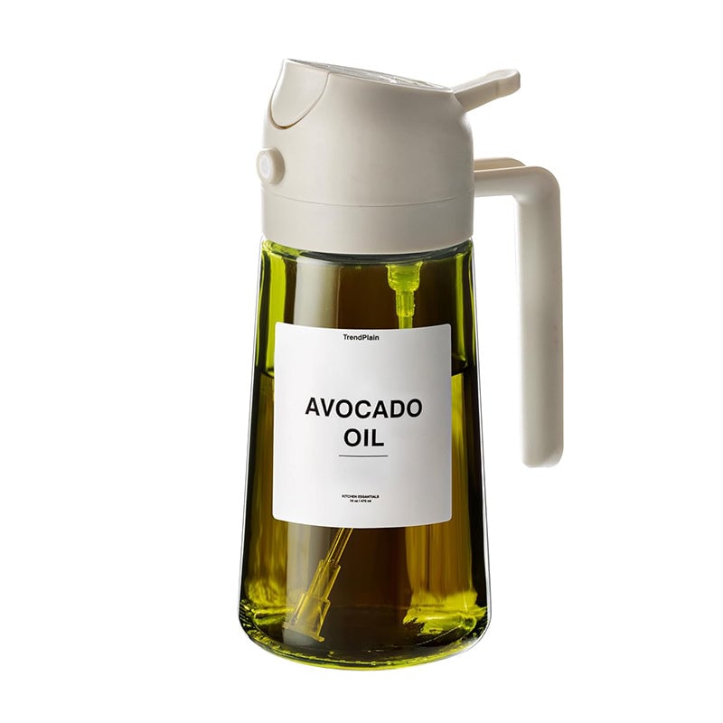2-in-1 Oil Sprayer & Dispenser | Wide-Mouth Pump & Pour Spout | Glass Bottle | 470ml Capacity