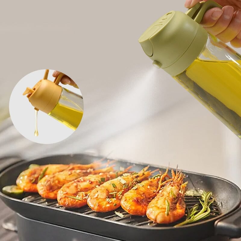 2-in-1 Oil Sprayer & Dispenser | Wide-Mouth Pump & Pour Spout | Glass Bottle | 470ml Capacity