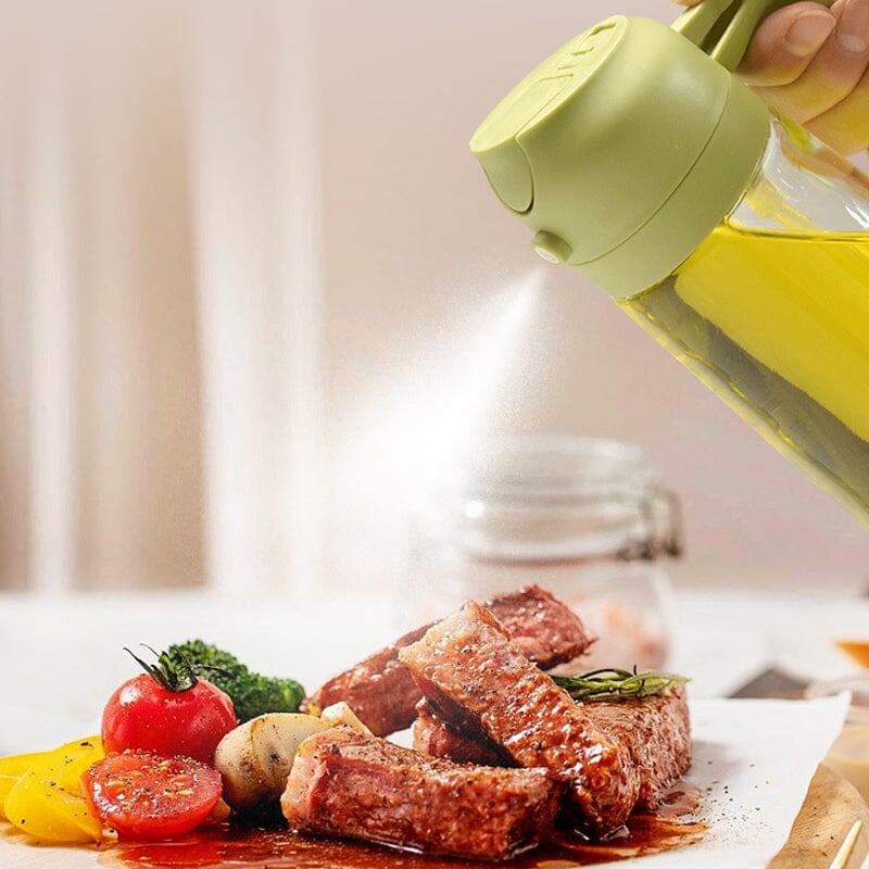 2-in-1 Oil Sprayer & Dispenser | Wide-Mouth Pump & Pour Spout | Glass Bottle | 470ml Capacity