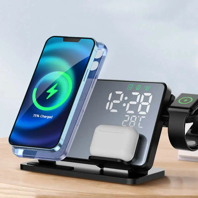 3-in-1 Wireless Charging Station | Qi Fast Charge & Smartwatch Dock | Integrated Alarm Clock