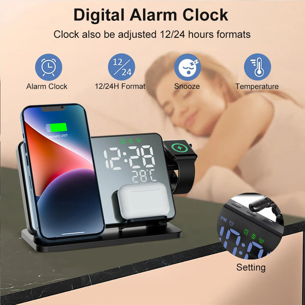 3-in-1 Wireless Charging Station | Qi Fast Charge & Smartwatch Dock | Integrated Alarm Clock