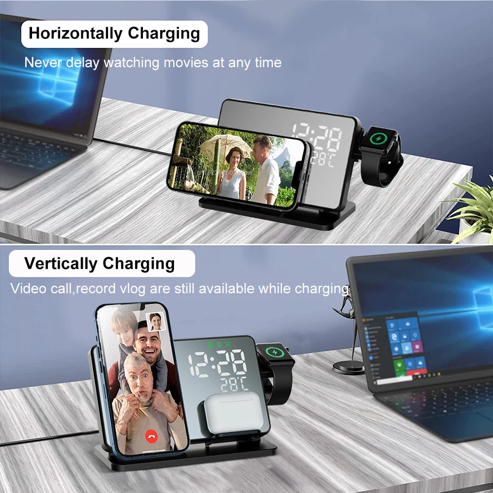 3-in-1 Wireless Charging Station | Qi Fast Charge & Smartwatch Dock | Integrated Alarm Clock