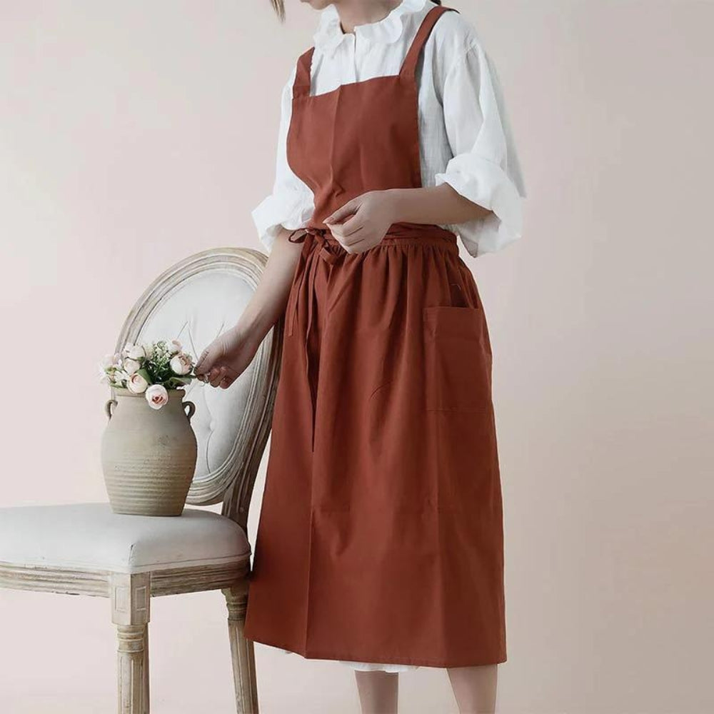Apron | Cross-Back Design | Cotton with Front Pockets | Kitchen & Café Use