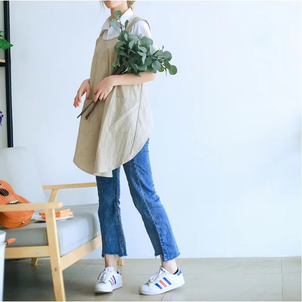 Apron | Korean-Inspired Cross-Back Design | Two Front Pockets | Comfortable Fit