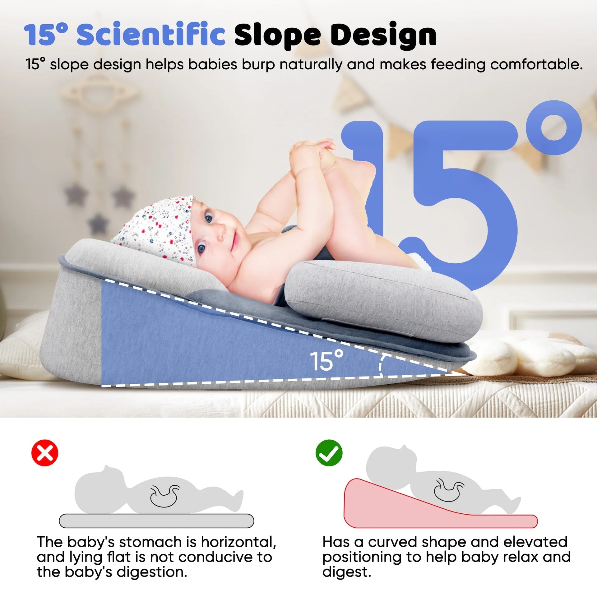 Baby Lounger for Newborns & Infants | Elevated Anti-Reflux 15° Incline | Breathable Cotton Mesh