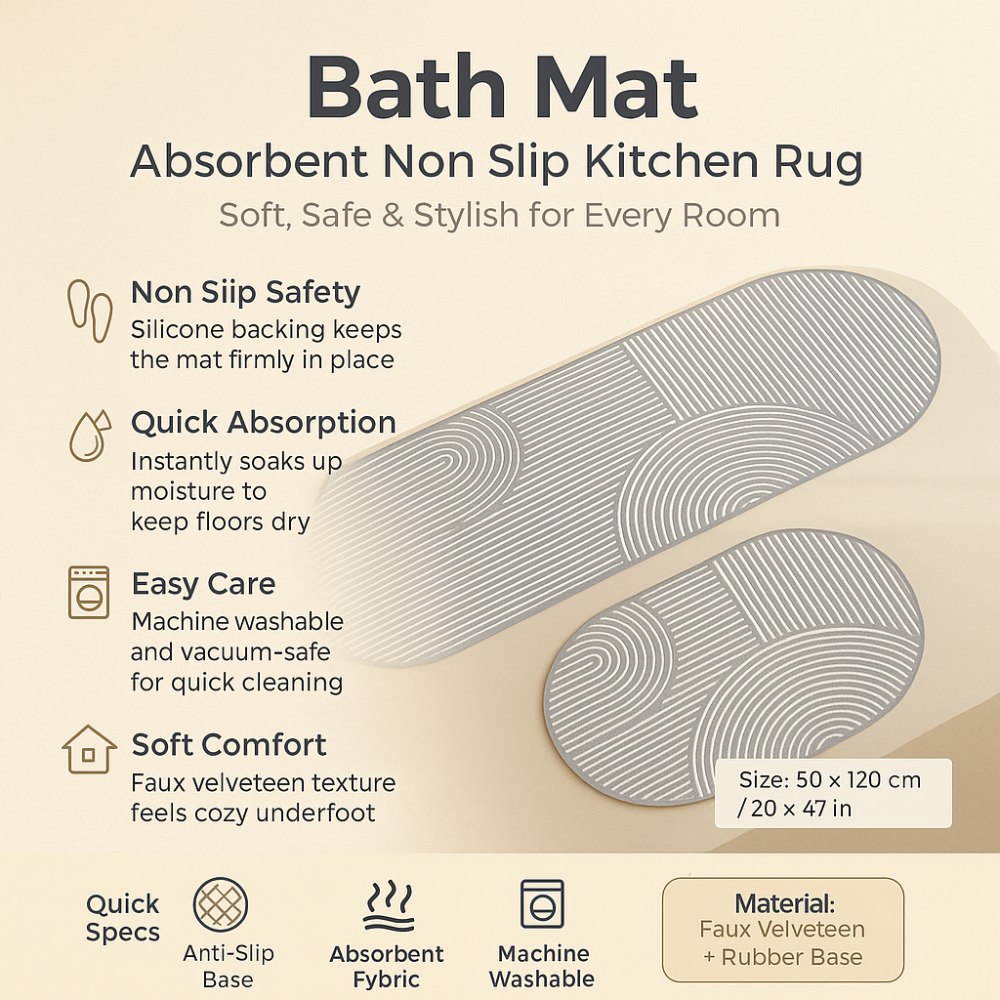Bath & Kitchen Mat | Moisture-Absorbing Non-Slip | Velvet Surface & Silicone Backing