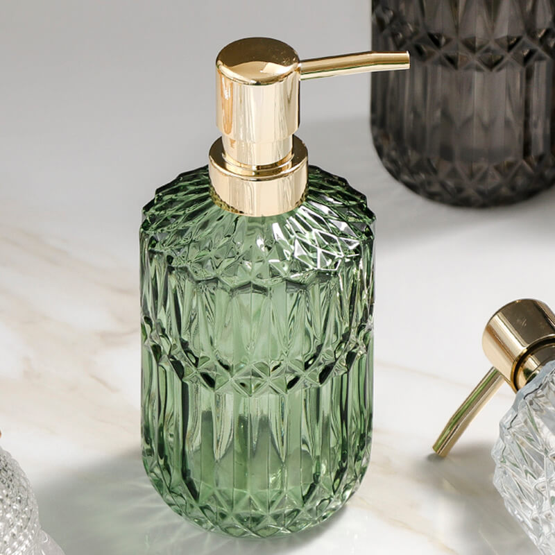 Bathroom Soap Dispenser | Diamond-Pattern Glass | 390ml Capacity | Elegant Design