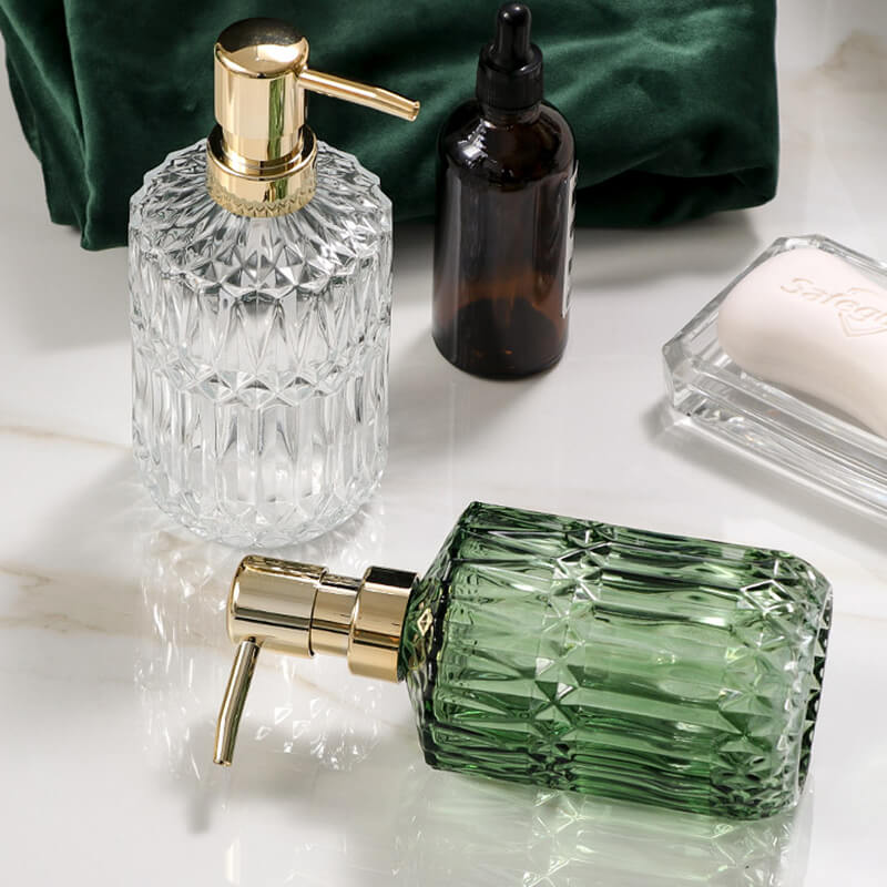 Bathroom Soap Dispenser | Diamond-Pattern Glass | 390ml Capacity | Elegant Design