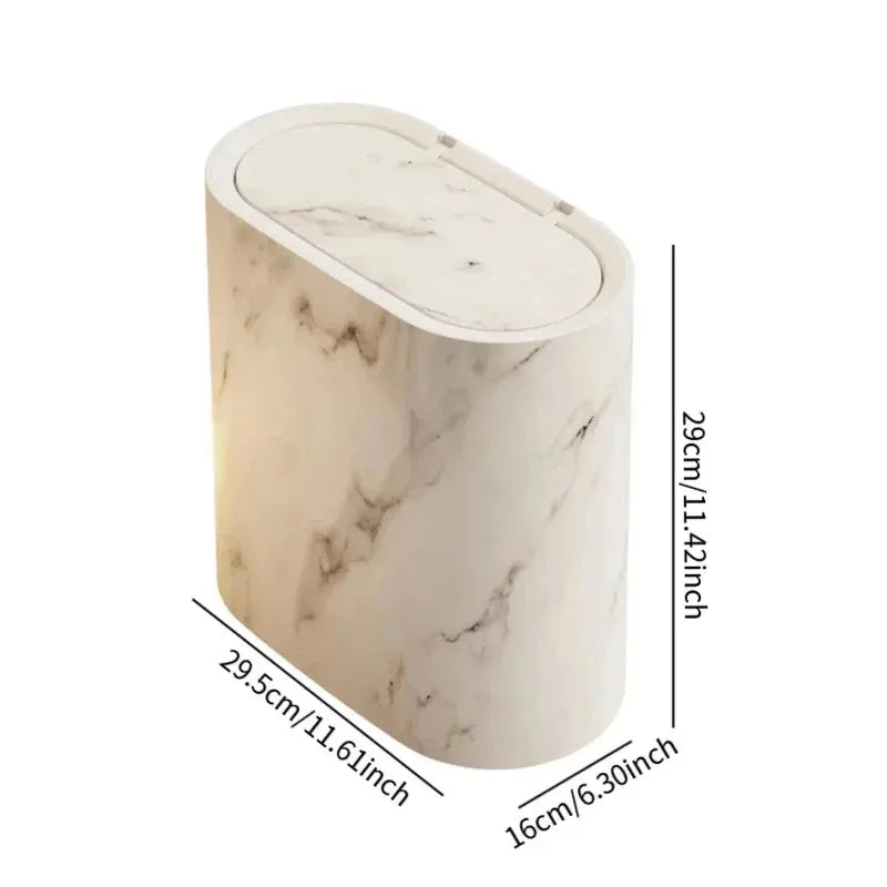 Bathroom Trash Can | Nordic Marble Finish | Push-Top Lid | Space-Saving Slim Elliptical Shape
