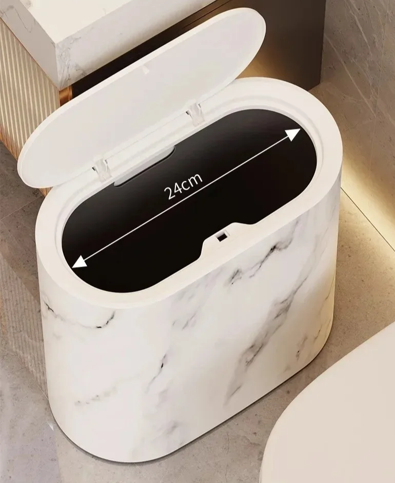 Bathroom Trash Can | Push-Top Lid | Nordic Marble Design | Space-Saving Lightweight Build