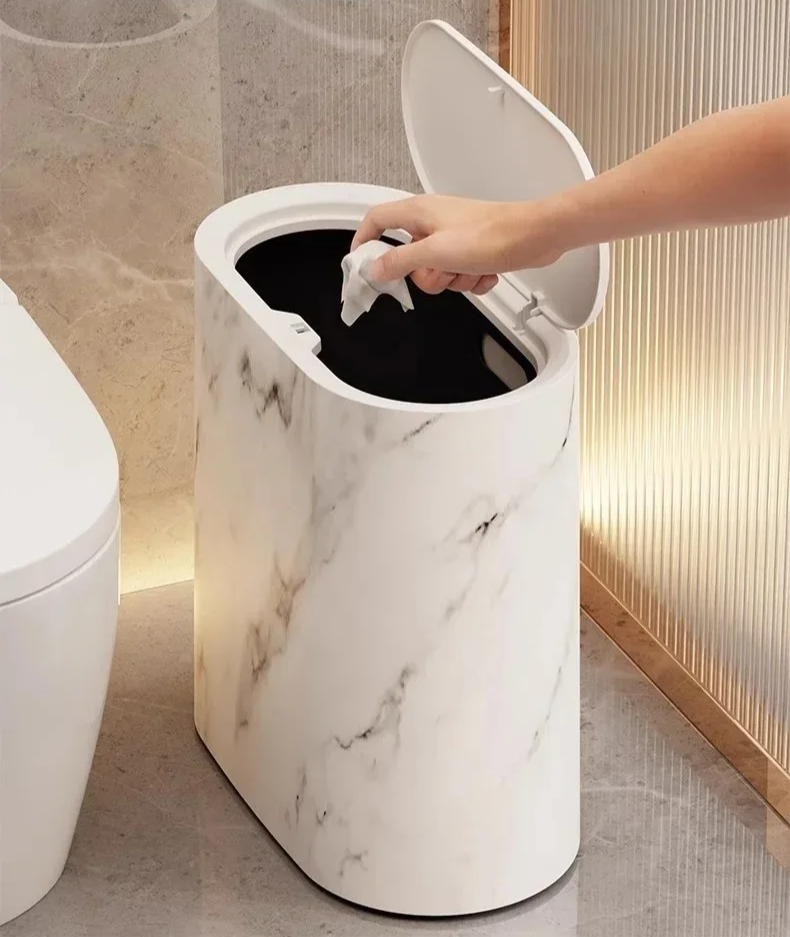 Bathroom Trash Can | Push-Top Lid | Nordic Marble Design | Space-Saving Lightweight Build