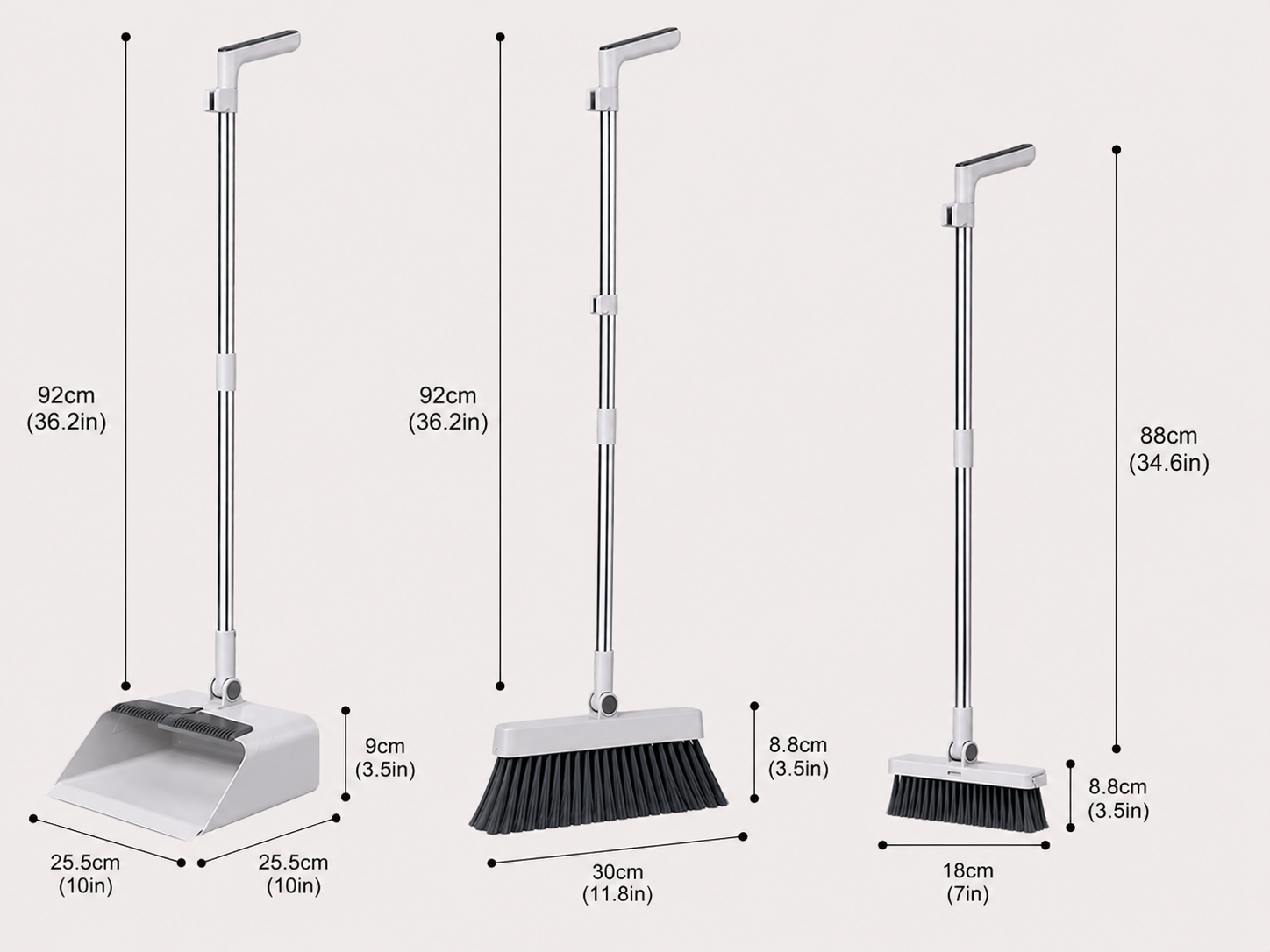 Broom & Dustpan Set | Integrated Comb & Ergonomic Handle | Stainless Steel Handle | Space-Saving