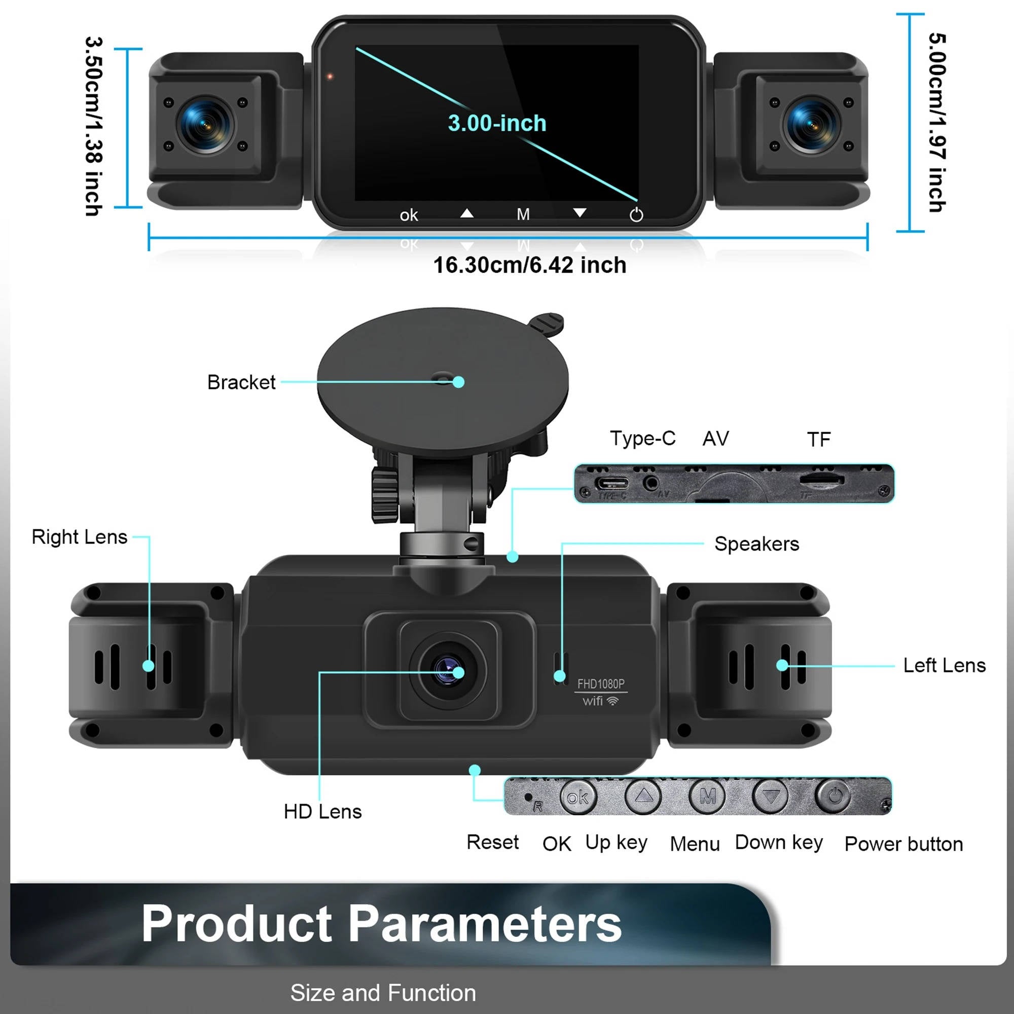 Car Dash Cam | 4-Camera Front & Rear with Night Vision | WiFi App & Loop Recording