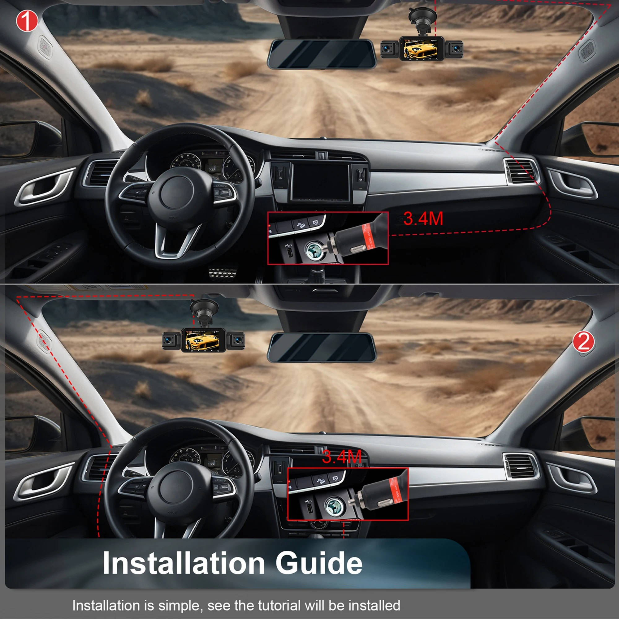 Car Dash Cam | 4-Camera Front & Rear with Night Vision | WiFi App & Loop Recording