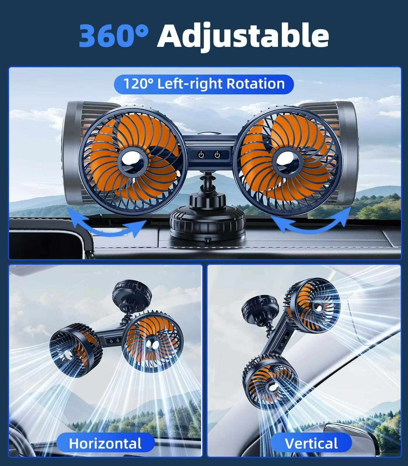 Car Fan | Long Battery Life & Adjustable Speeds | Suction Mount & USB Rechargeable