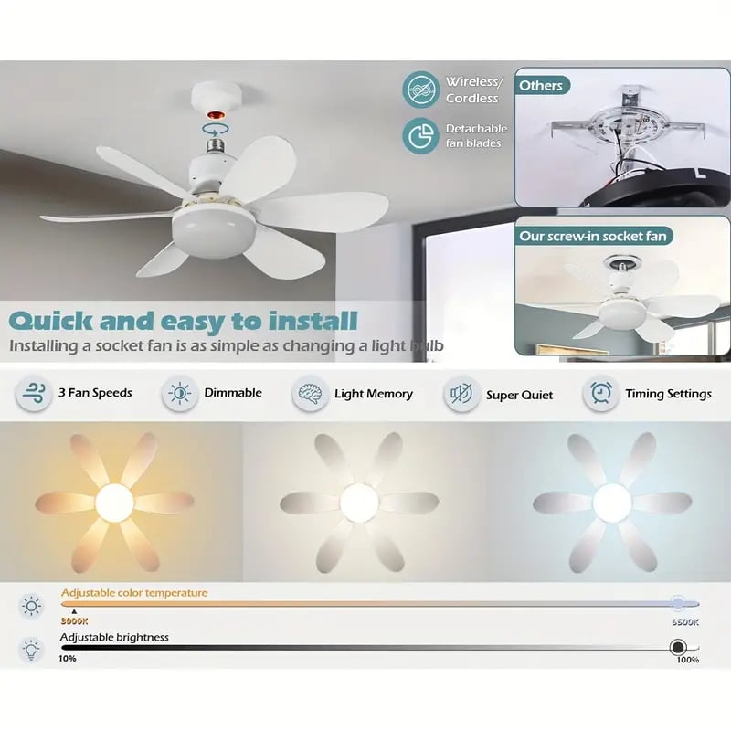 Ceiling Fan with Light | Socket-Mount Fan & LED | Remote & Extender | Easy Install